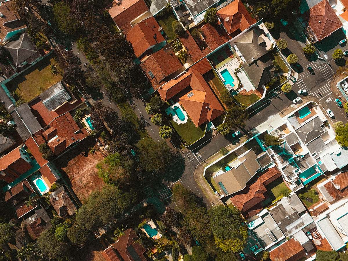 aerial view aerial photo of concrete buildings neighborhood